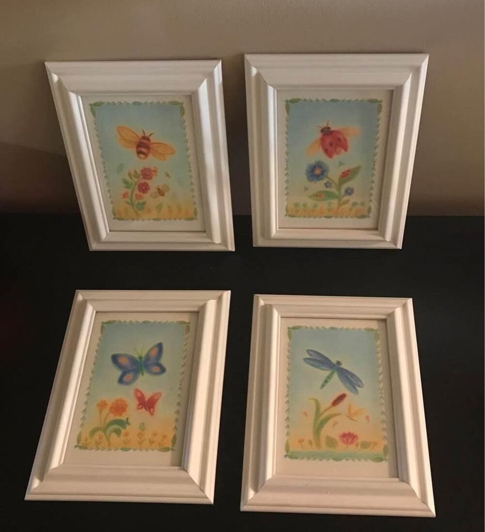 Set of 4 Framed Prints Garden Bugs Bee Ladybug Butterfly Dragonfly Flowers